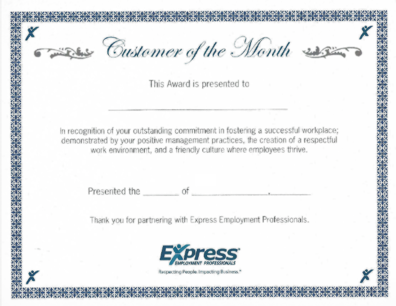 Express Marin County Client of the Month Certificate
